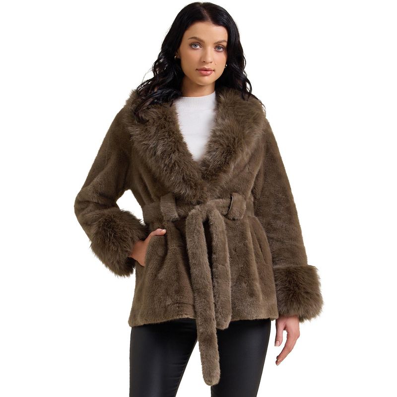 INSPIRE CHIC Women's Faux Fur Lapel Removable Belt Winter Shaggy Jacket with Pockets Small Brown