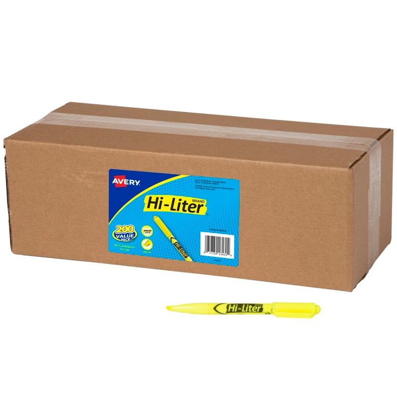 Avery Hi-Liter Value Pack Pen-Style Highlighters, Smear Safe Ink, 200 Fluorescent Yellow Highlighters (23825)