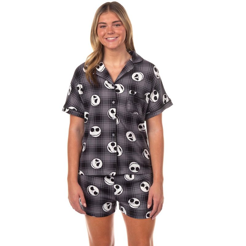 The Nightmare Before Christmas Pajamas Women's Jack Plaid Notch Collar Sleep Set (Small) Multicolored
