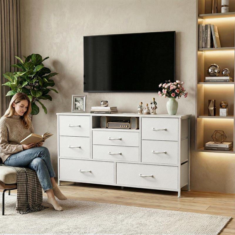 Wide White 8 Drawer Dresser Fabric Storage Chest of Drawers Charging Station Open Shelf Bedroom Nursery Furniture Media Console TV Stand