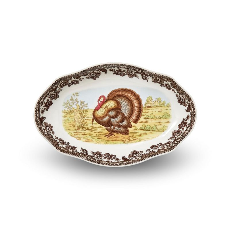 Spode Woodland Turkey Pickle Dish – 8.5 Inch Porcelain Serving Dish – Microwave, Oven, Freezer & Dishwasher Safe, Rustic Thanksgiving Serveware