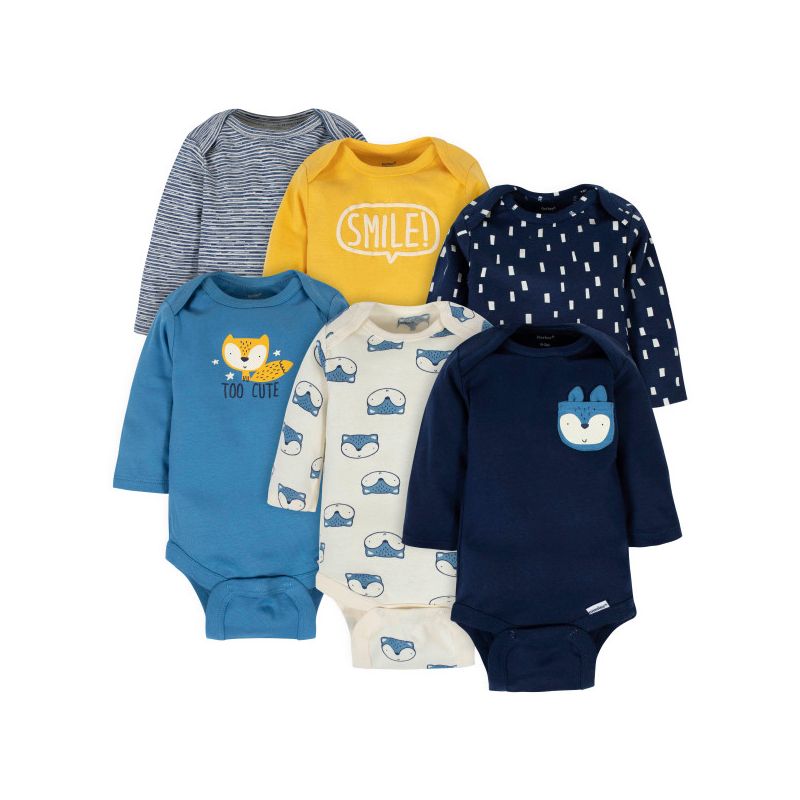 Gerber Baby and Toddler Boys' Long Sleeve Onesies Bodysuits - Fox - Newborn - 6-Pack
