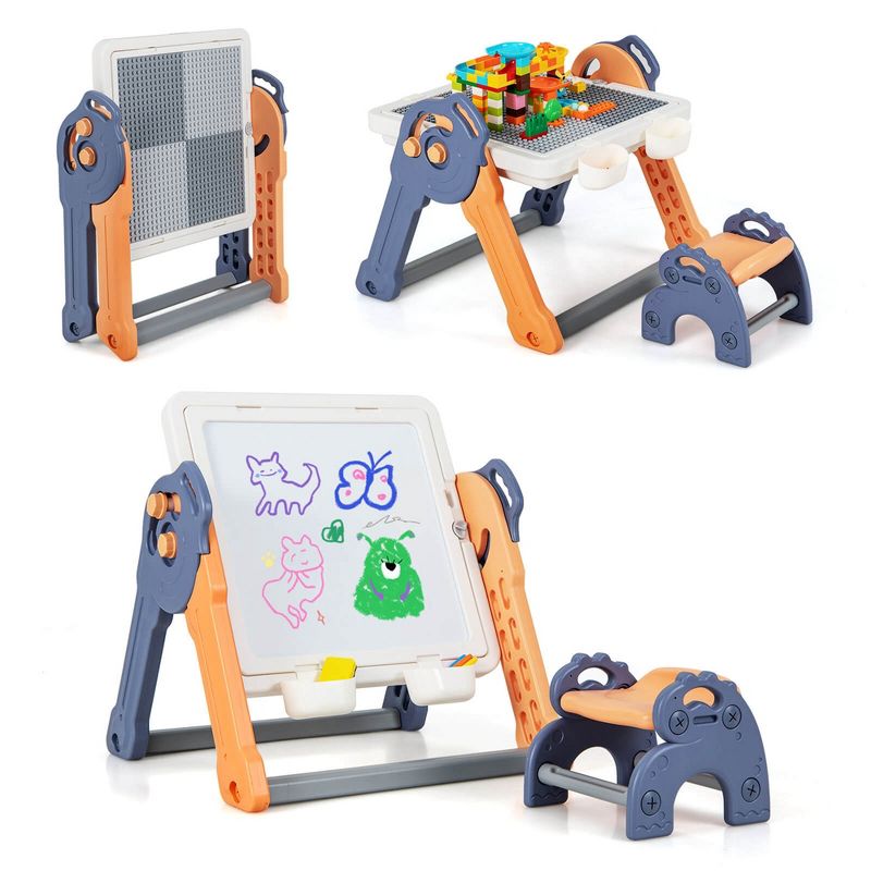 Costway 6-in-1 Multi-activity Kids Play Table & Chair Set with 102 PCS Compatible Bricks