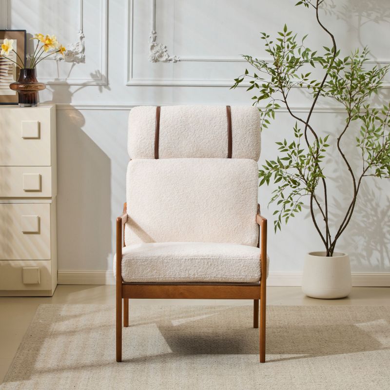 PAGED Modern Wooden Accent Chair, Boucle Fabric Arm Chair with High Back, Ergonomic Reading Chair for Bedroom, Living Room Furniture, Beige+Walnut