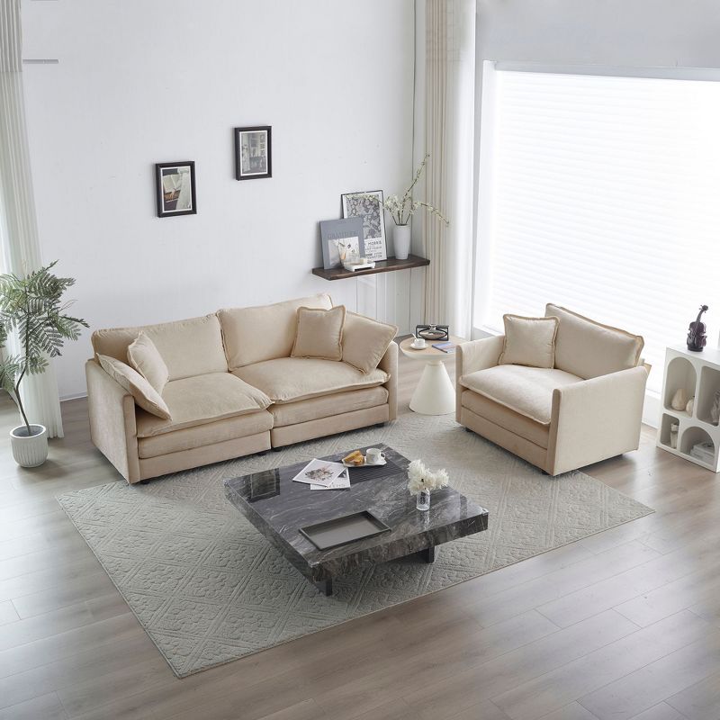 2 Pieces 3 seats Upholstered Chenille Sofa Living Room Couch Furniture Beige Chenille