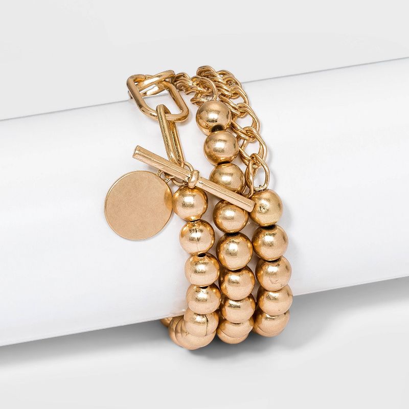 Disc Charm Chain and Beaded Stretch Toggle Chain Bracelet Set 3pc - Universal Thread™ Worn Gold: Acrylic Zinc Alloy, Pull-On Closure