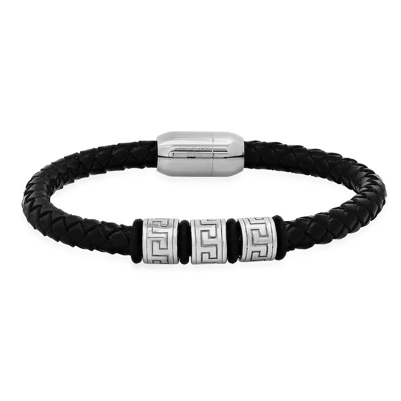 Steeltime Men's braided leather and stainless steel beads bracelet with greek key accents