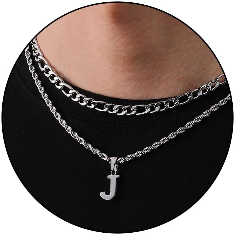 Men's Initial Necklace – Layered Letter Pendant with Figaro Chain (Graduation/Birthday Gift for Him)