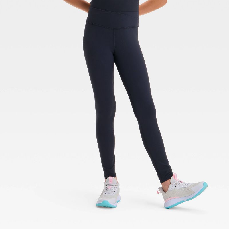 Girls' Everyday Soft Crossover Waistband Leggings - All In Motion™ Black S: High Rise, Moisture Wicking, Knit