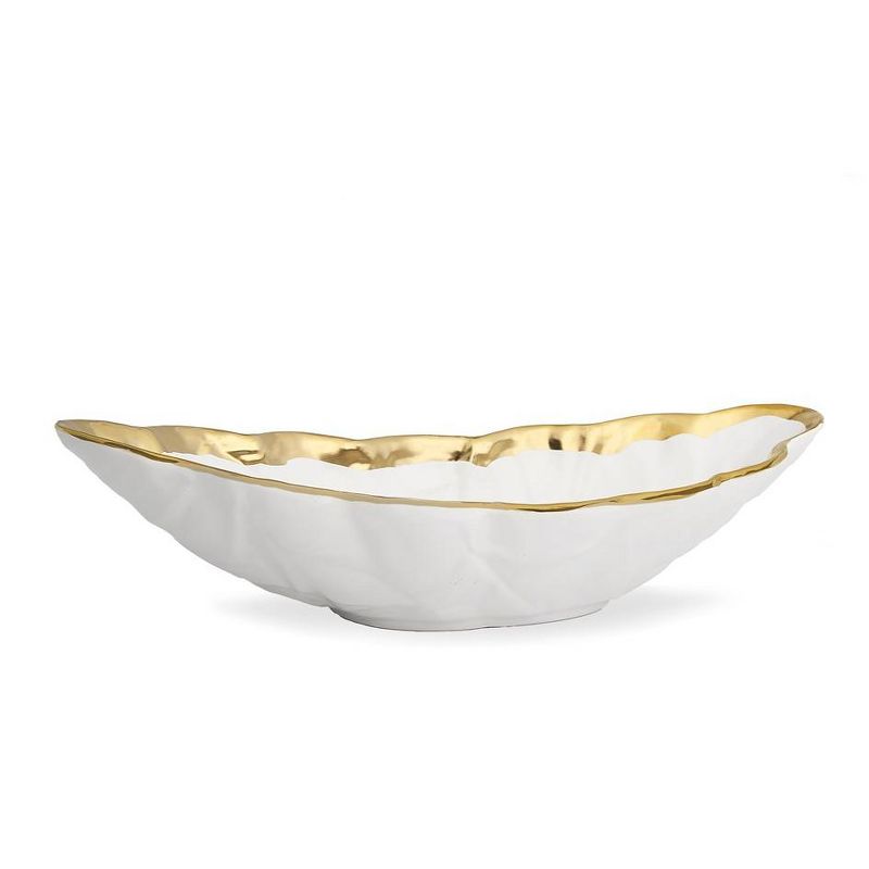 Classic Touch 16.75"L White Porcelain Leaf Shaped Bowl with Gold Border