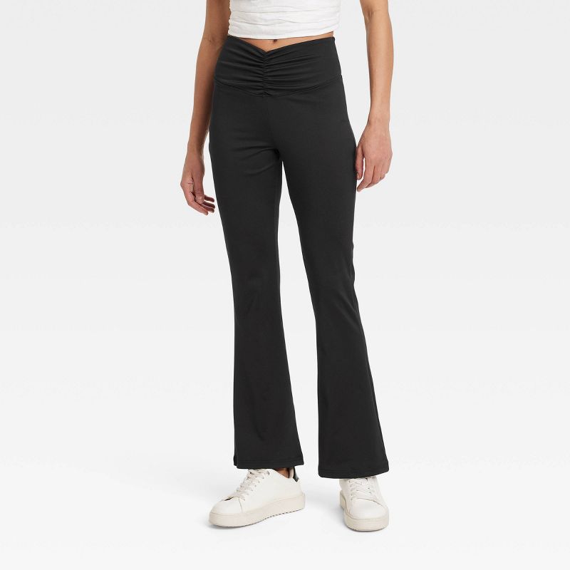 Women's High Waisted Flare Leggings with Ruched Waistband - A New Day™ Black M: Midweight Stretch Jersey