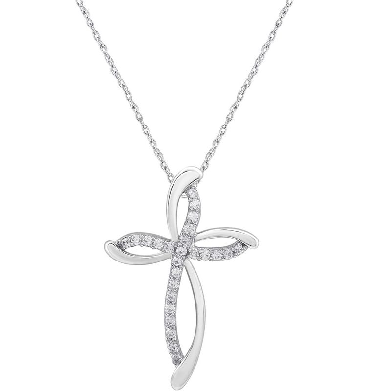 GILDED 1/4 Carat Total Weight Natural Round-Cut Diamonds Swirl Cross Pendant-Necklace in 10KT White Gold, 18" Chain