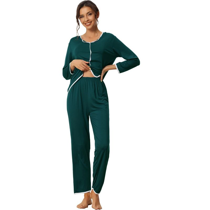 cheibear Women's Long Sleeve Pullover Top with Waist-Elastic Pants Sleepwear Pajama Sets Small Green