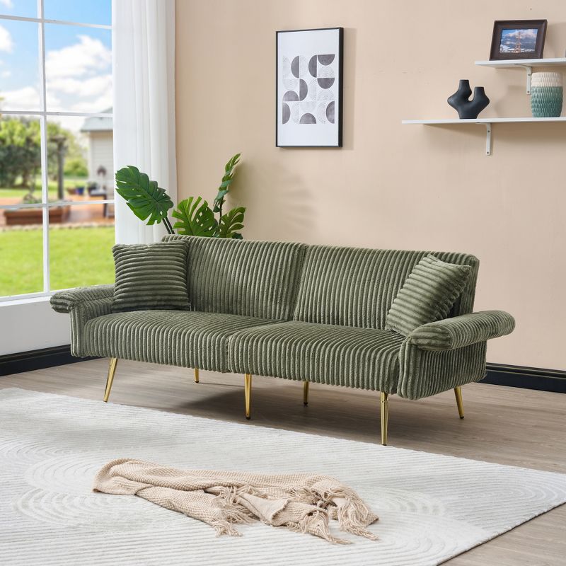 KTMBDW Futon Sofa Bed, Vintage Couch with Adjustable Backrest & Armrests, Convertible Futon Sofa Couch for Living Room, Corduroy Couchs, Green
