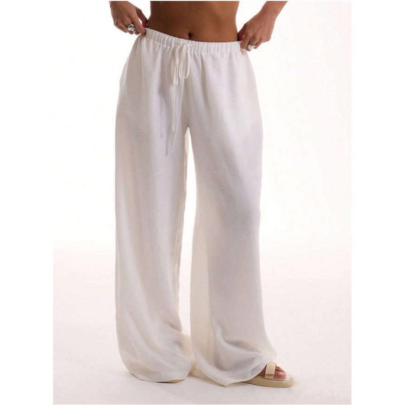 Womens Mid Rise Elastic Waist Wide Leg Pants Side Pocket Drawstring Casual Trousers White XL