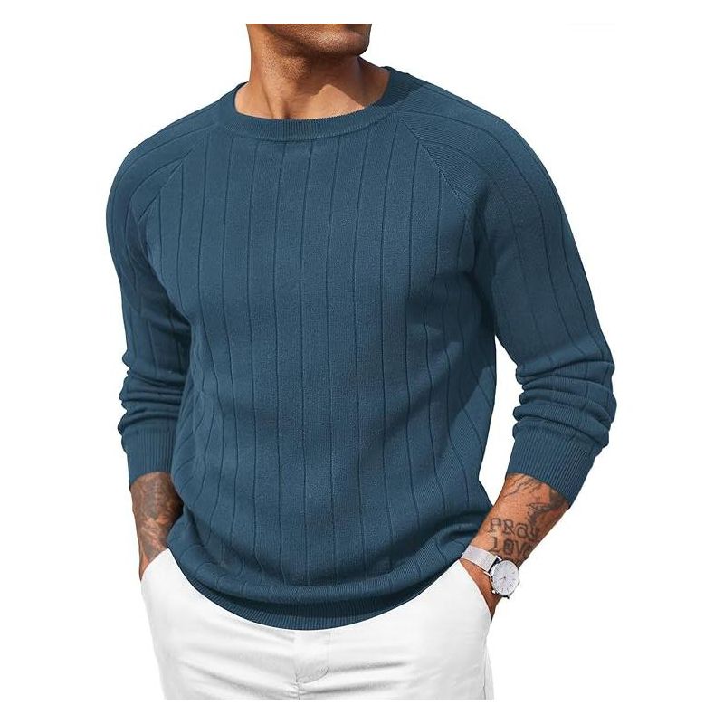 COOFANDY Mens Crewneck Pullover Sweaters Business Casual Long Sleeve Slim Fit Sweater Chunky Cable Knit Sweater Blue M