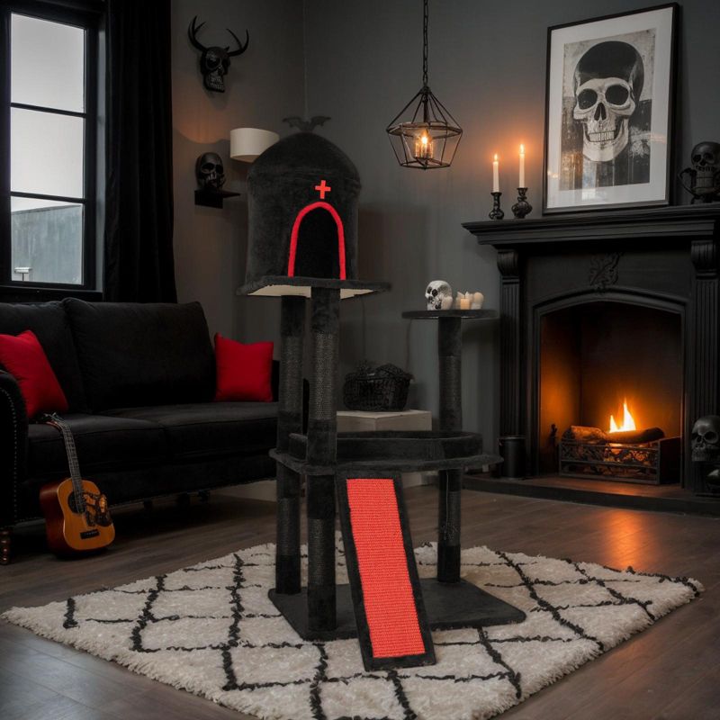 53" Gothic Cat Tree with Coffin Bed, Large Cat Tower with Spacious Cat Condo, Scratching Posts, Spider Hanging Toys, Scratching Board