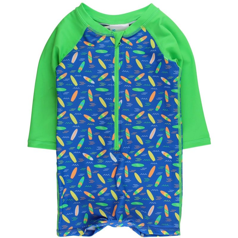 RuggedButts Baby/Toddler Boys UPF50+ Long Sleeve One Piece Rash Guard - Neon Surfs Up, 6-12m