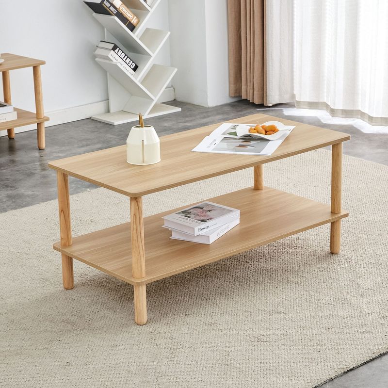 CAVINAS 2-Tier Rectangular Coffee Table with Open Storage Shelf,Double Layered Center Table for Living Room,Living Room Furniture,Wood