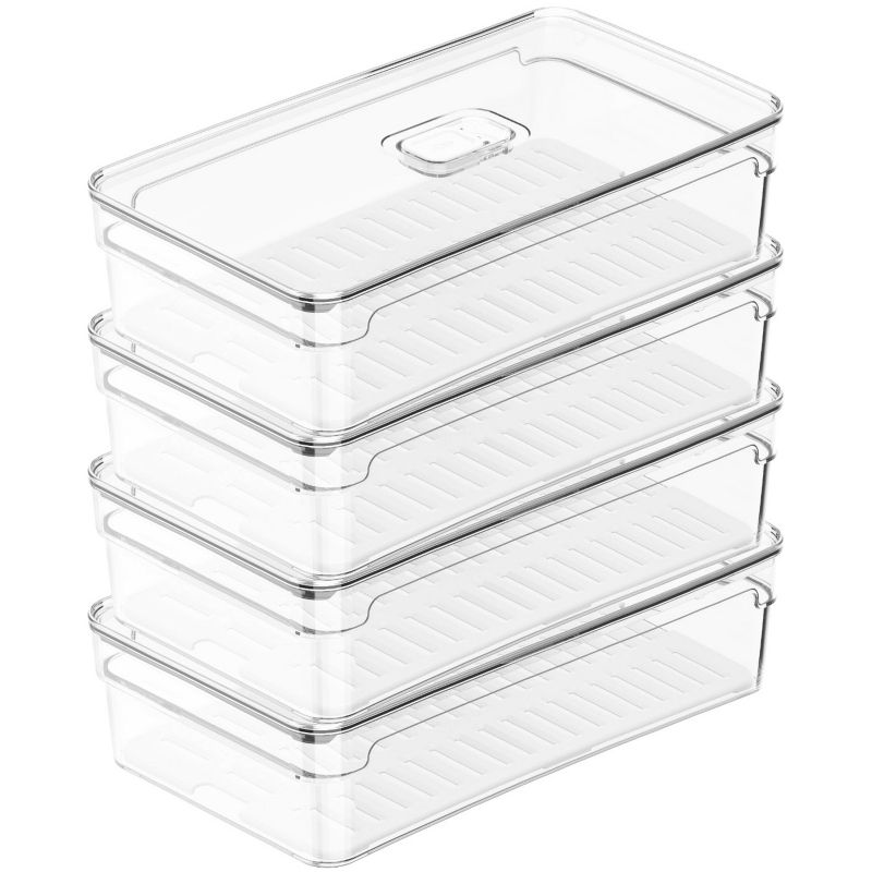OU Fridge Organizer Bin with Vented Lid, Clear Stackable Refrigerator Storage Bin, Produce Kitchen Storage Container, 11.8" Depth, BPA Free
