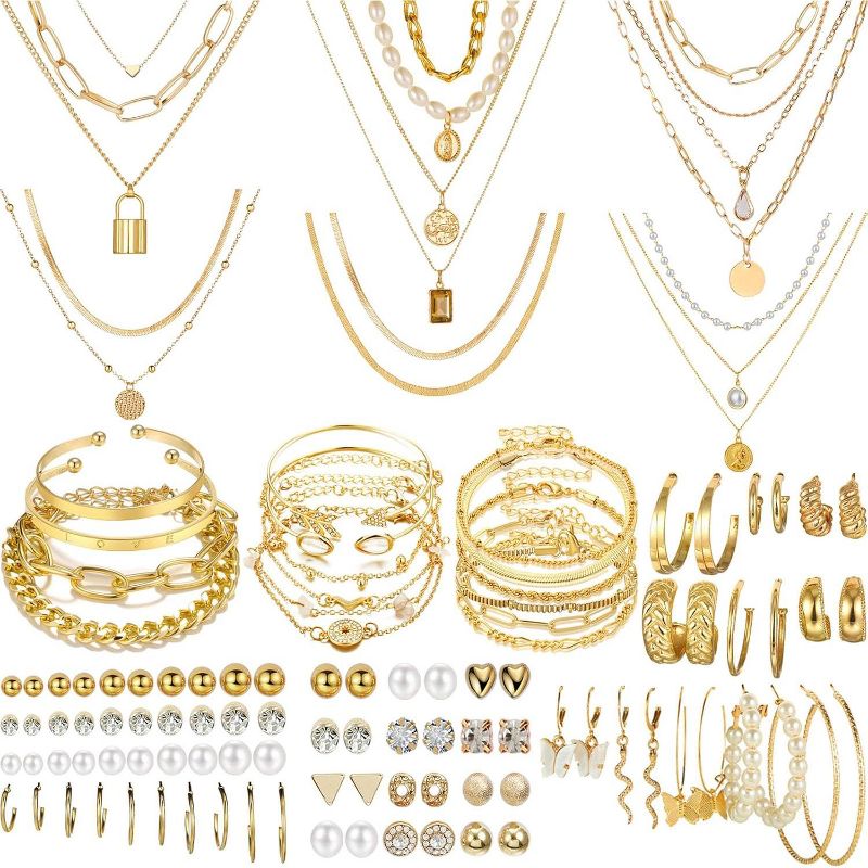 69 Pieces Gold Jewelry Set for Women with Necklaces Bracelets and Earrings, Fashion Costume Jewelry Collection Gold Jewelry Set one size