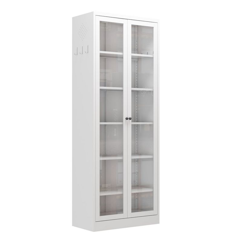 Yukimo 72"H Metal Kitchen Pantry Cabinet - 5 Adjustable Shelves + Glass Doors, White Freestanding Storage Organizer for Kitchen/Pantry/Bathroom
