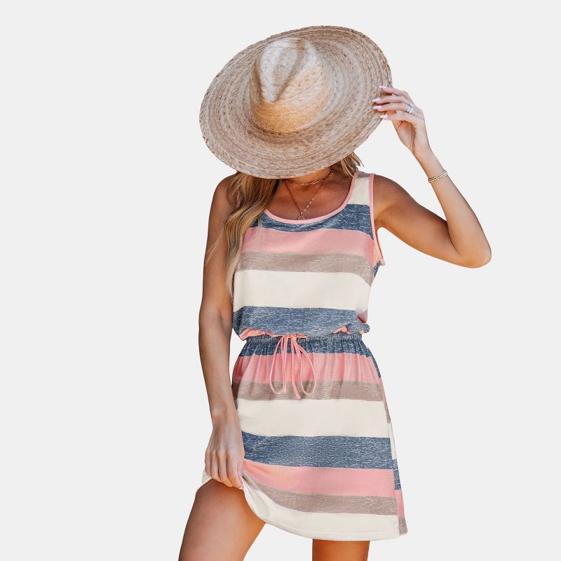 Women's Breezy Striped Sleeveless Dress with Drawstring Waist - Cupshe-M-Multicolored