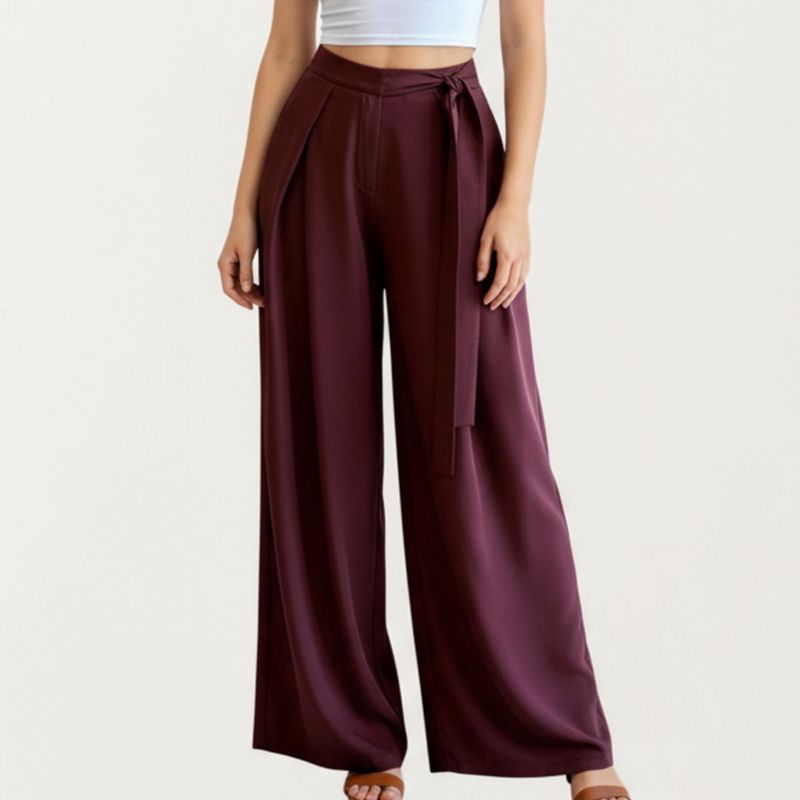Anna-Kaci Women's Wide Leg Pants with Draped Front Panels and Flowing Fabric Featuring a Tie Waist Detail - Small, Burgundy