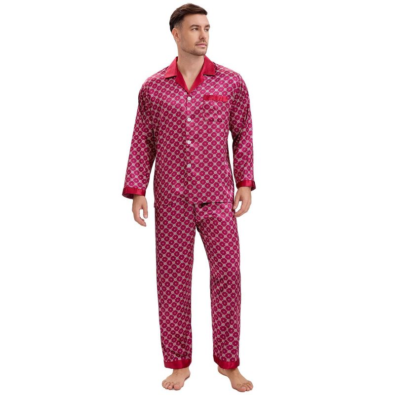 INSPIRE CHIC Men's 2 Pieces Button Down Printing Sleepshirt Casual Pattern Pajamas Set X Large Red