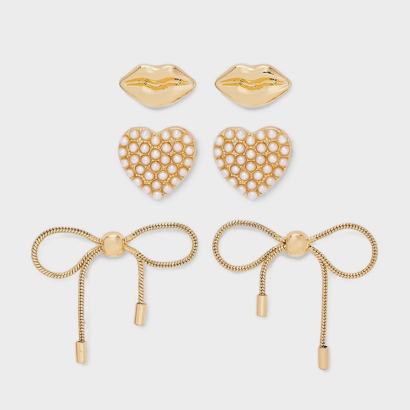 Lips Hearts Bows Earrings 3pc Set - A New Day™ Gold