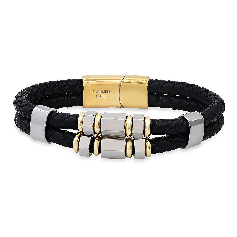 Steeltime Men's braided black leather and two tone 18k gold plated & stainless steel beads layered bracelet. Color Options: Silver, Gold