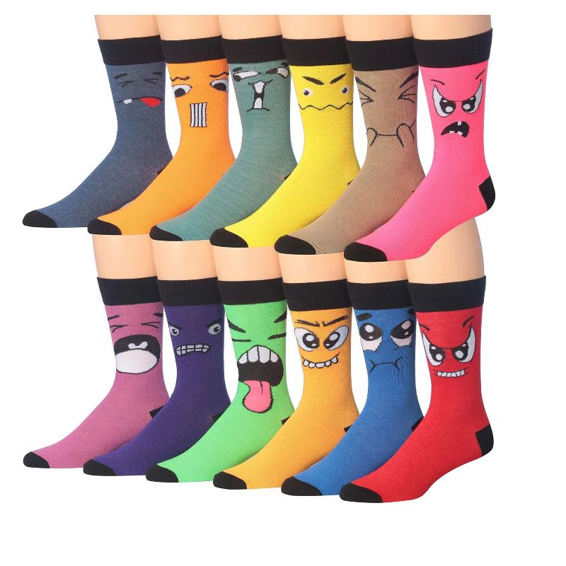 JAMES FIALLO Men's 12 Pairs Animated Characters Funny Mood Faces Novelty Colorful Dress Socks for Men