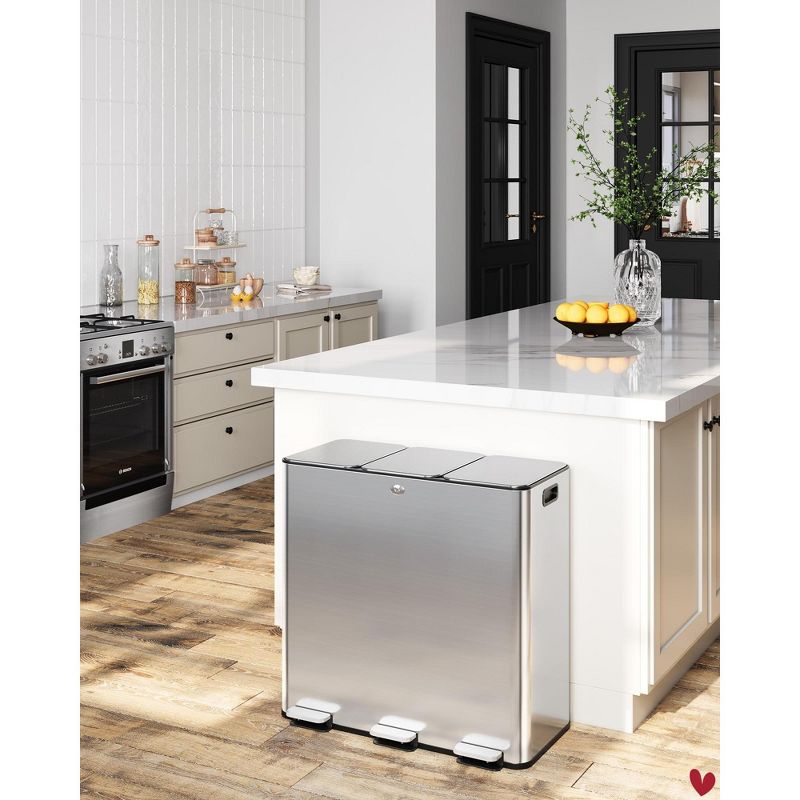 Trash Can, Garbage Can for Kitchen, Stainless Steel 3 Compartment Recycling Kitchen Step-On Garbage Bin with 3 Removable Inner Buckets