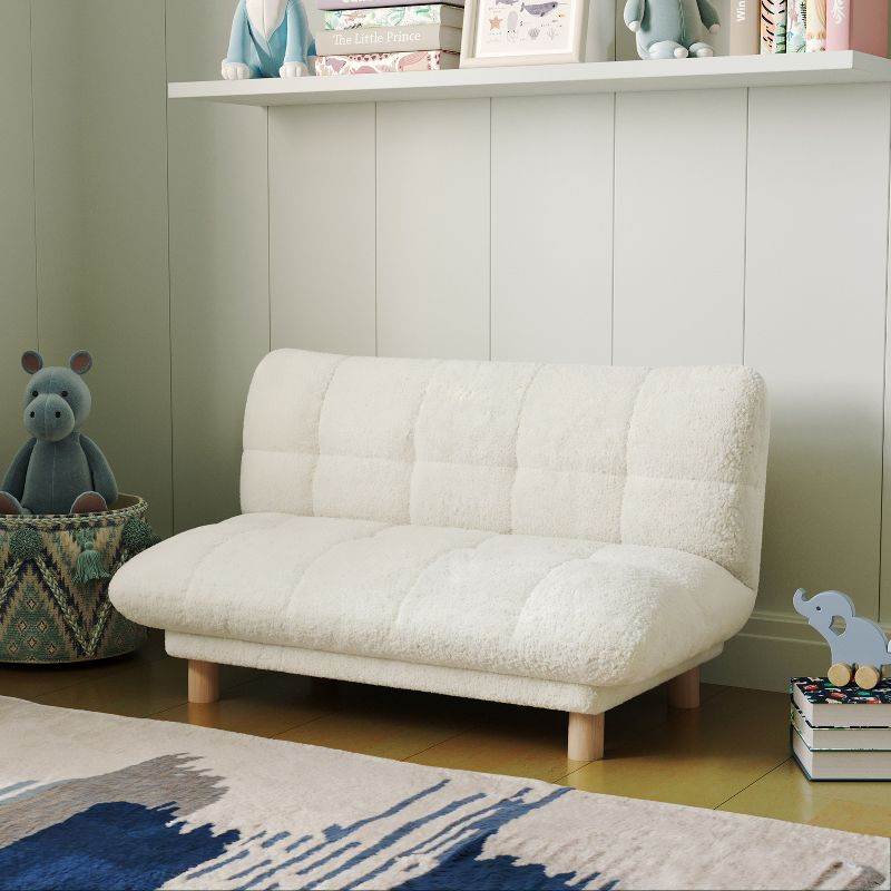 Buzz & Bloom Faux Shearling Cushioned Kids Couch with Tufted Seat and Back, Wood Legs in Marshmallow