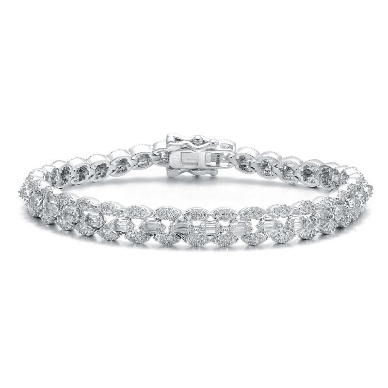 Guili Rhodium-Plated Sterling Silver with Cubic Zirconia Round Flat Link Tennis Bracelet, Modern and Sleek Design for a Chic, Elegant Style