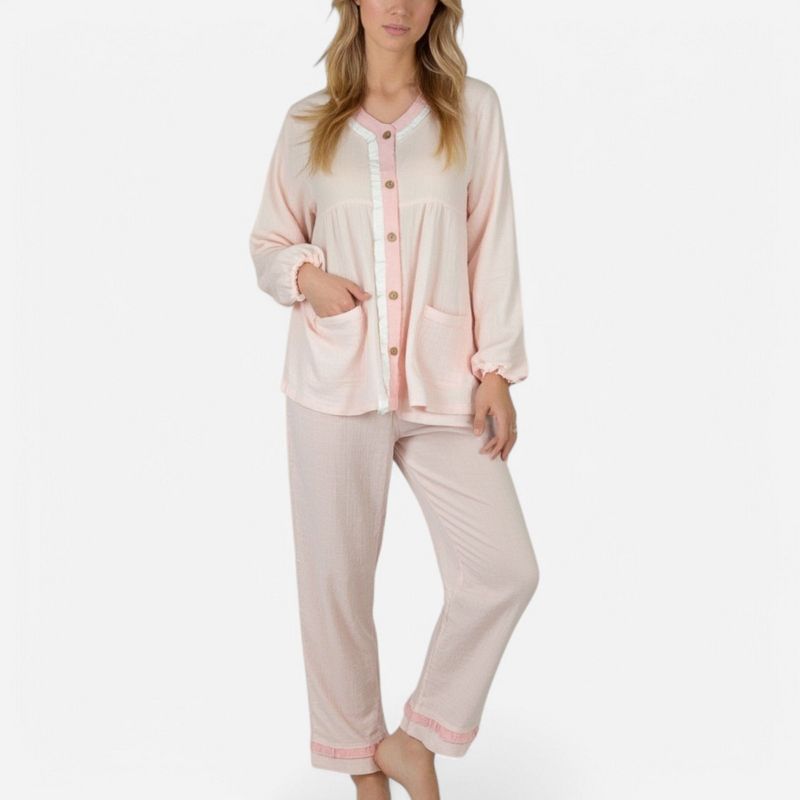 Anna-Kaci Lounge Women's Long Sleeve Button Up Pajama Set with Ruffle Trim and Front Patch Pockets - Medium, Pink