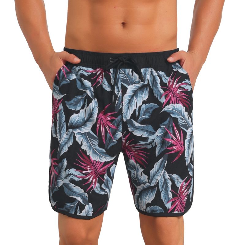 INSPIRE CHIC Men's Printed Elastic Liner Drawstring Swimming Shorts with Pockets 38 Black Red