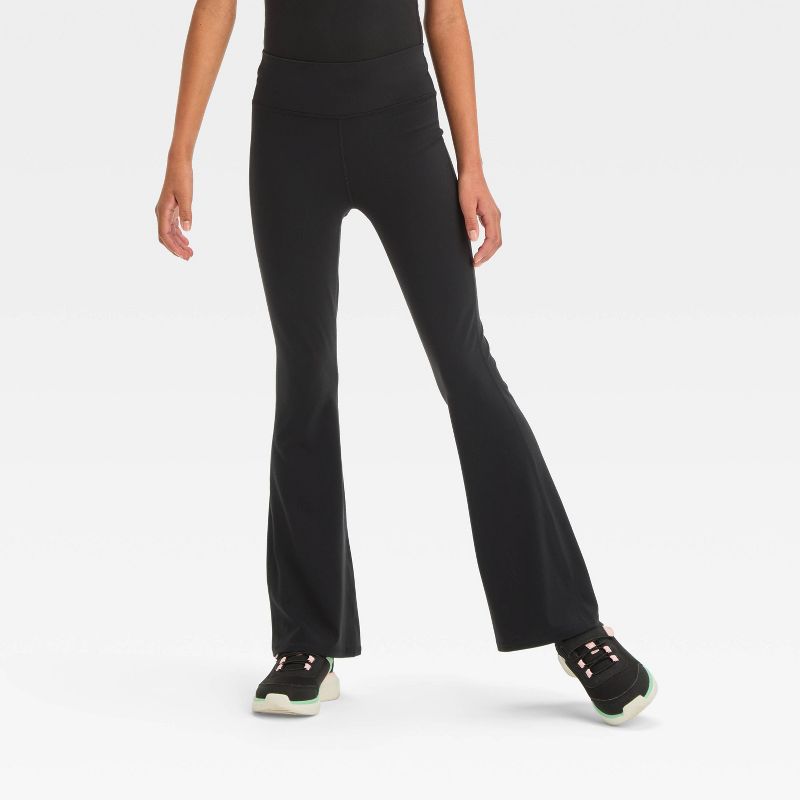 Girls' Everyday Soft Flare Leggings - All In Motion™ Black S: High Rise, Moisture Wicking, UPF 50+