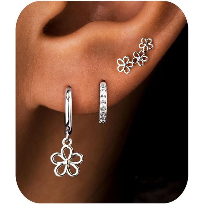 3-Pair Gold Plated Dangle Earrings Set: Seashell, Starfish & Cross Hoops for Multiple Piercings, Summer Gift Flower-Silver One Size