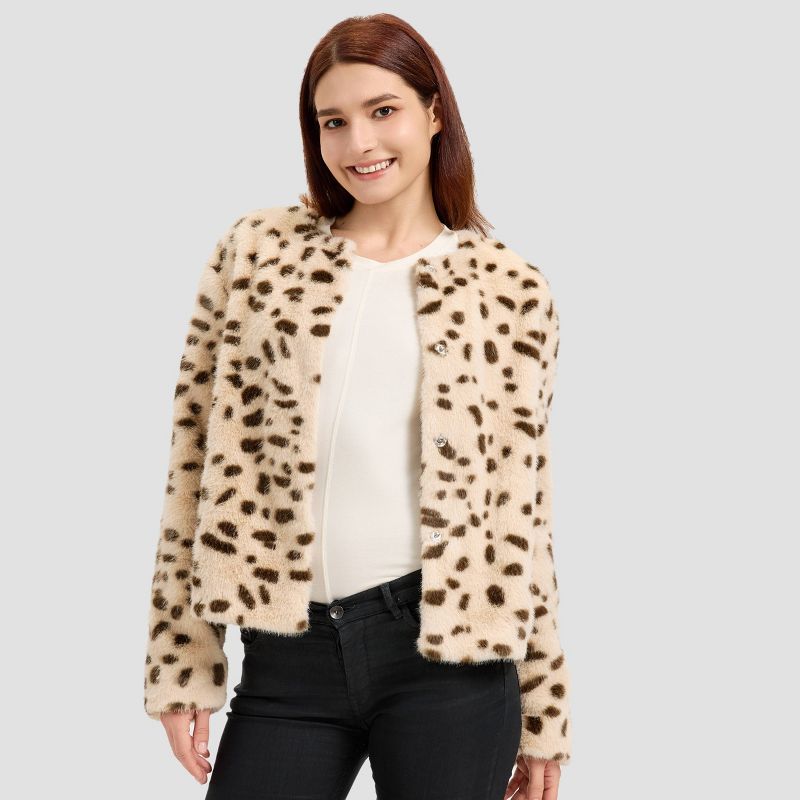 Women's Faux Fur Jacket - A New Day™ Snow White Leopard Spots M