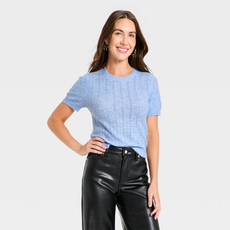 Women's Short Sleeve Pointelle Crewneck Pullover Sweater - Universal Thread™ Blue S