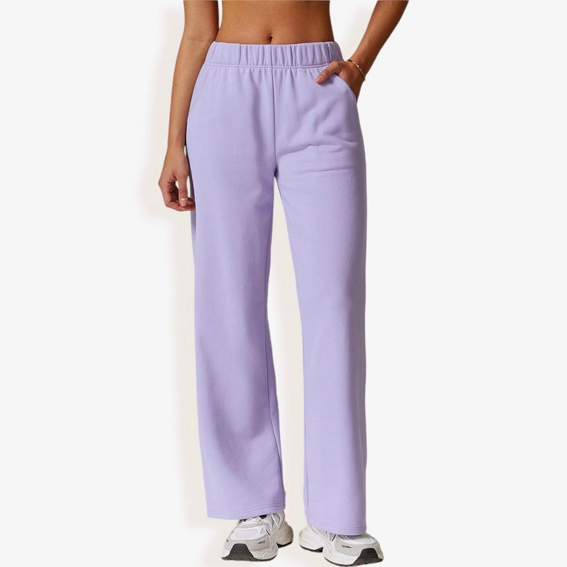 Anna-Kaci Active Women's Elastic Waist Wide Leg Sweatpants with Pockets for Casual Wear - Large, Purple