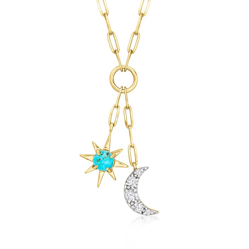 Ross-Simons Turquoise and .30 ct. t.w. White Topaz Celestial Paper Clip Link Drop Necklace in 18kt Gold Over Sterling Size 18