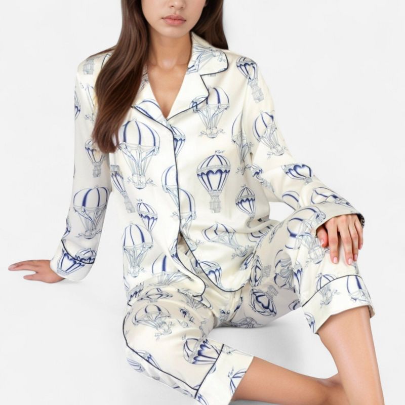Anna-Kaci Lounge Women's Hot Air Balloon Print Pajama Set with Long Sleeve Button-Down Top and Cropped Pants - Small, White