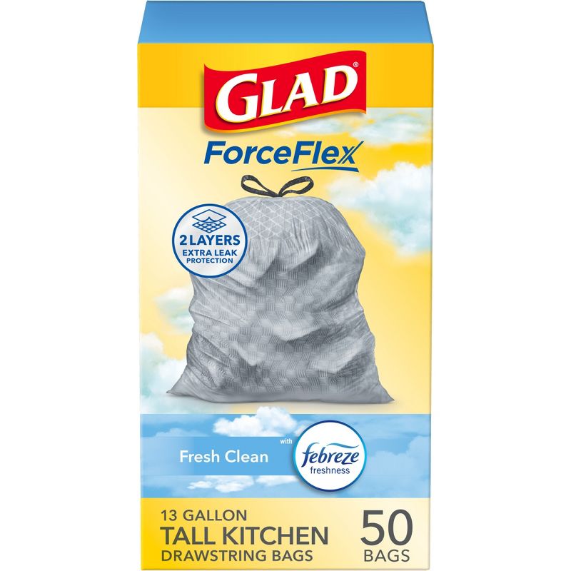 Glad Tall Kitchen Drawstring Trash Bags OdorShield - Febreze Fresh Clean - Gray - 50ct/13gal