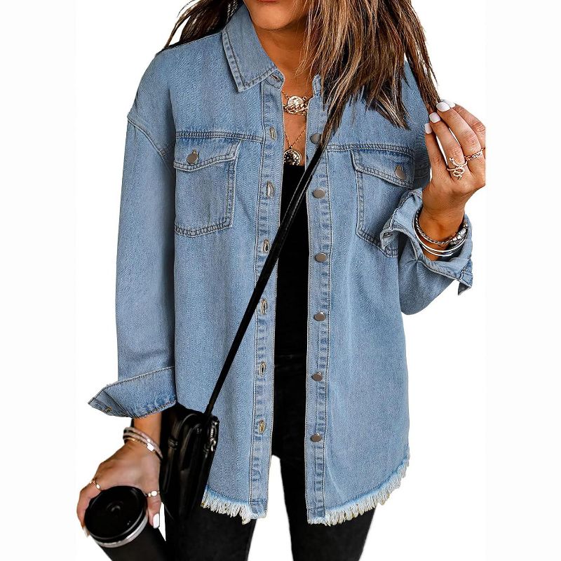 BLUEMING Womens Oversized Denim Jacket Boyfriend Button Down Frayed Hem Casual Shacket Distressed Jackets , Black - XXL