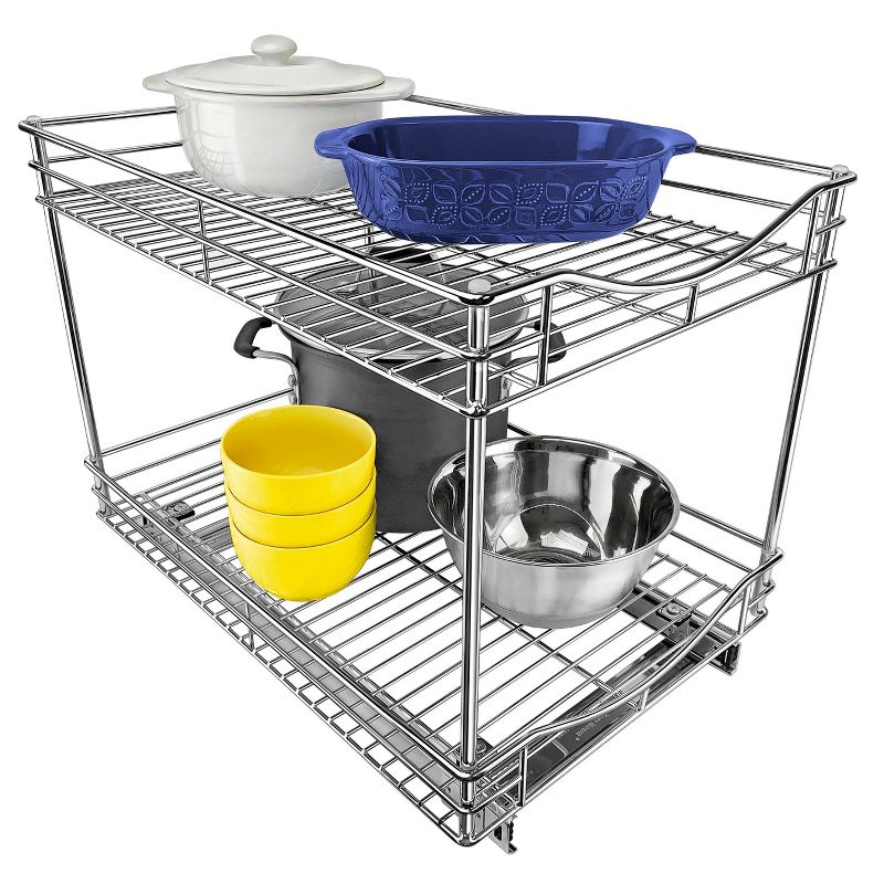 Lynk Professional 14" x 21" Slide Out Double Shelf - Pull Out Two Tier Sliding Under Cabinet Organizer: Chrome-Plated Steel Kitchen Storage