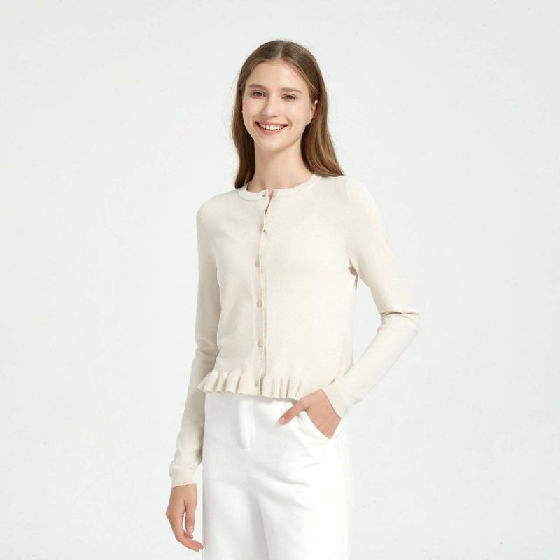 Women's Long Sleeve Crewneck Ruffle Hem Cardigan - A New Day™ Ivory M