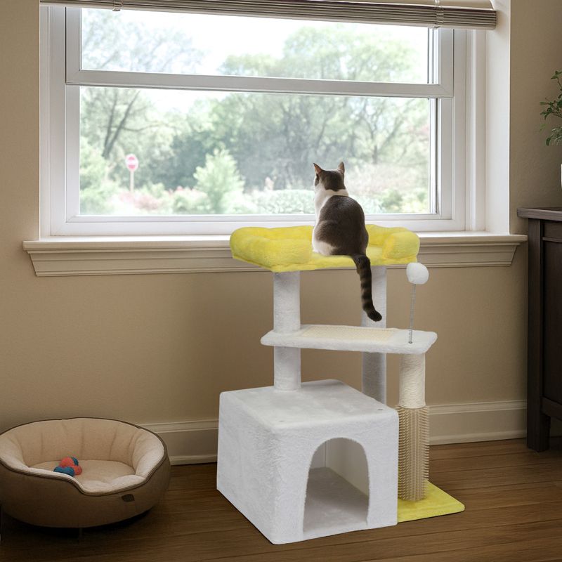 27.5in Cat Tree, Multi-level Cat Tower with Cat Scratching Post and Pad, Cozy Cat Condo, Padded Top Bed for Kittens and Indoor Cats, Yellow & White