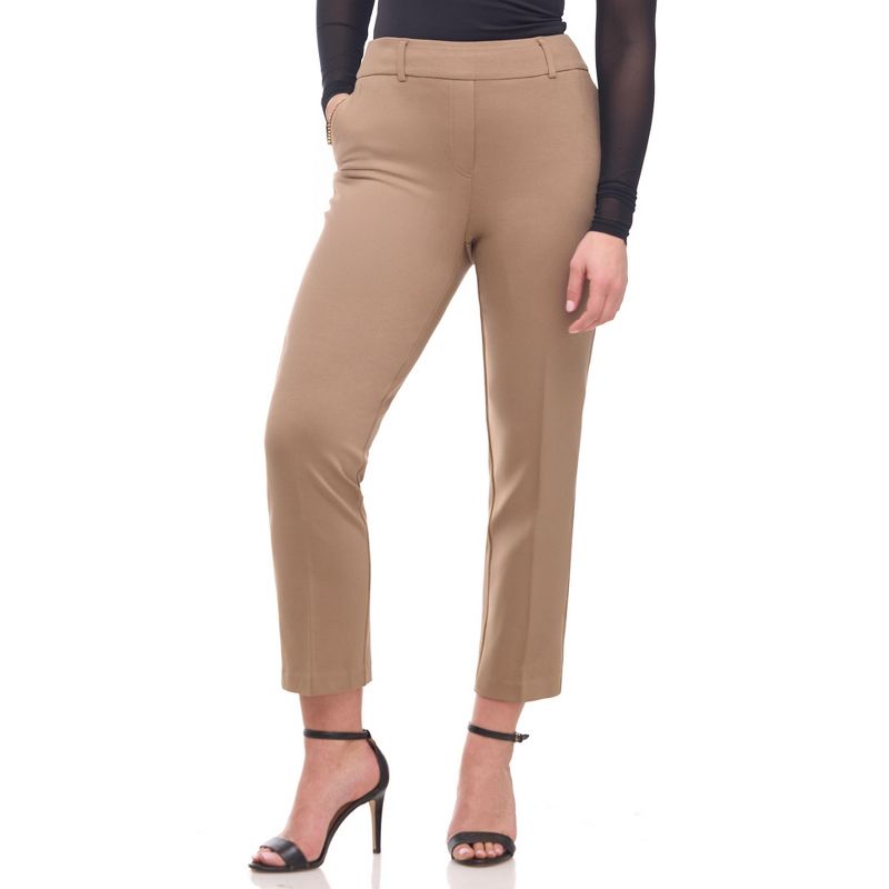Rekkuna Women's Pull-On Ankle Work Pants – Mid-Rise Slim Straight Office Yoga Trousers with Pockets and Belt Loops - Dark Sand, Medium